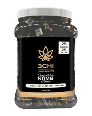 Comfortably Numb Mini-Pack Gummies - Our Comfortably Numb gummies are infused with a potent 1:1 blend of Delta 8 THC and CBN at 25mg combined (12.5mg each) in each gummy as well as added CBC for maximum effects. Comes in packs of 2 (50mg total). CBN helps temper the energetic aspects of Delta 8 THC to bring an extremely comfortable and calming body-focused feeling. This blend is perfect for peaceful relief and taking it easy.